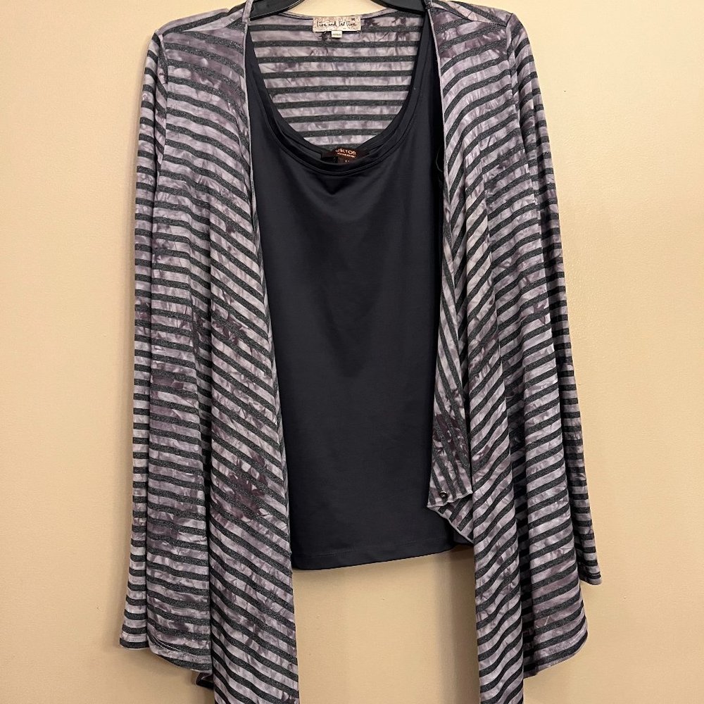 Live & Let Live Woman's Grey Striped Wrap Button Side with Heather Grey Tank Top